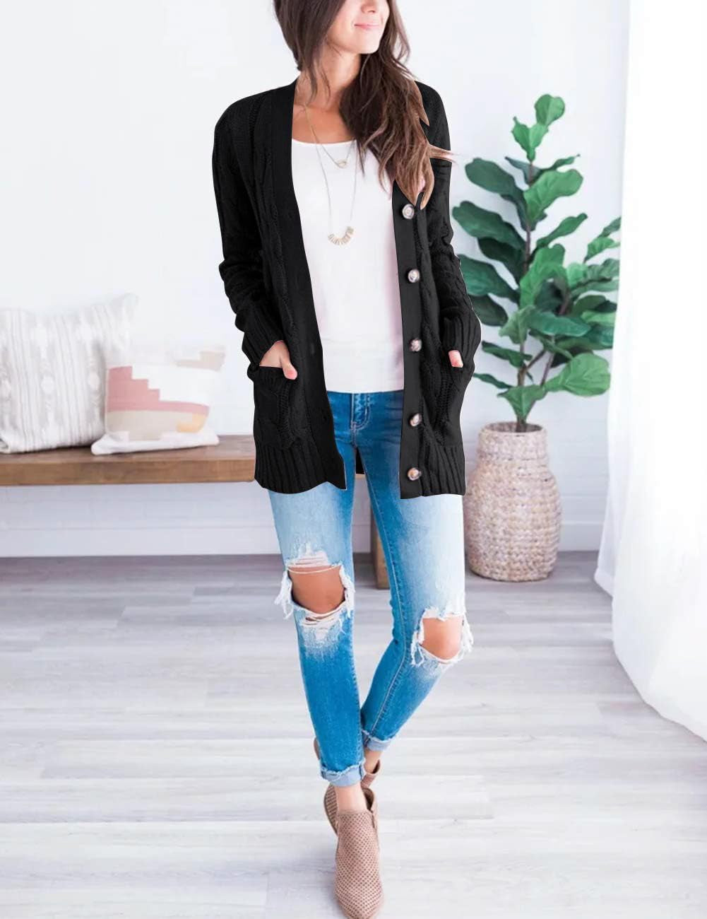 Women'S 2025 Fall Long Sleeve Cable Knit Cardigan Sweater Open Front Button Loose Outerwear