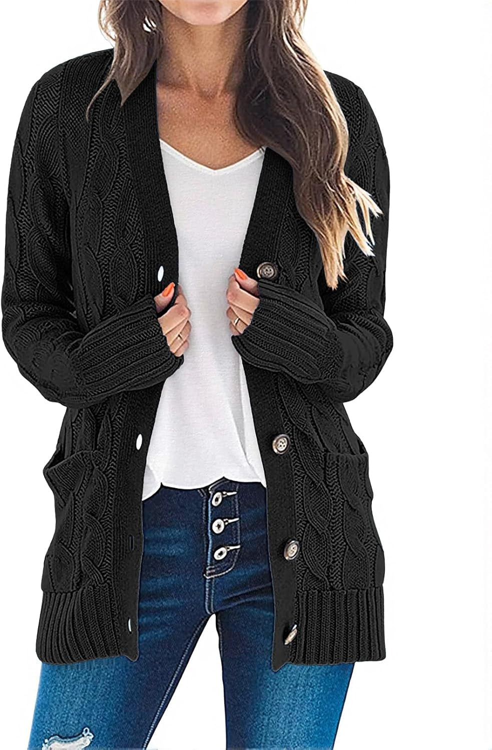Women'S 2025 Fall Long Sleeve Cable Knit Cardigan Sweater Open Front Button Loose Outerwear