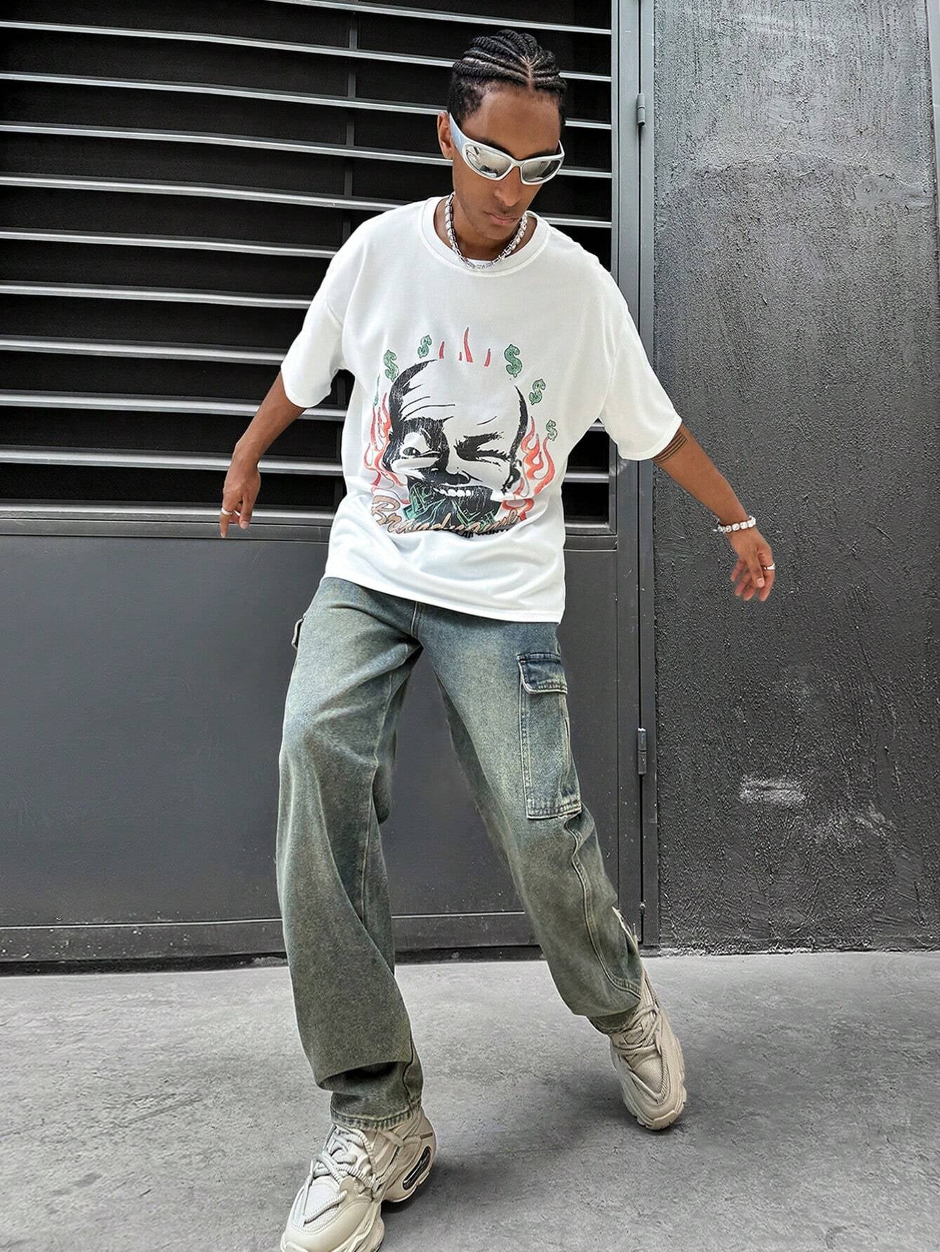 Manfinity Streetrush Men'S Fashionable Loose T-Shirt with Portrait Print,Graphic T-Shirt