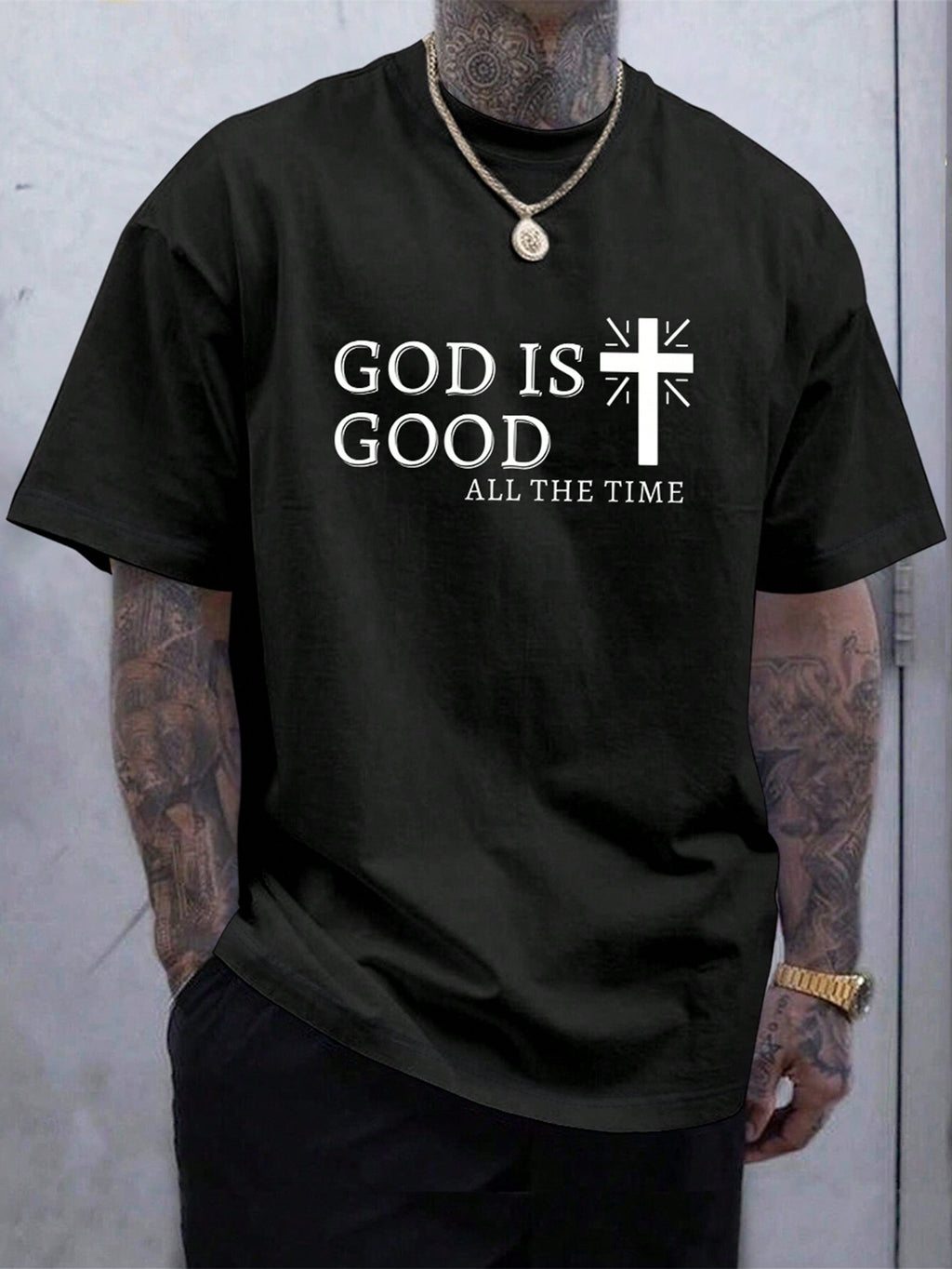 Manfinity Homme Men Casual Summer Cross & Slogan Graphic Printed Short Sleeve T-Shirt, for Friends