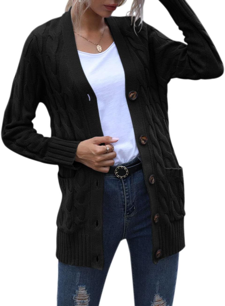 Women'S 2025 Fall Long Sleeve Cable Knit Cardigan Sweater Open Front Button Loose Outerwear